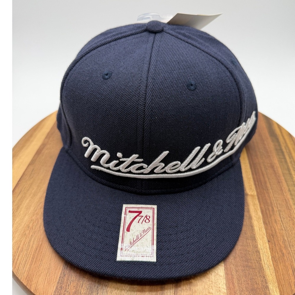 Mitchell & Ness 7 7/8 Navy Blue Script Logo Fitted Hat 100% Wool 2029